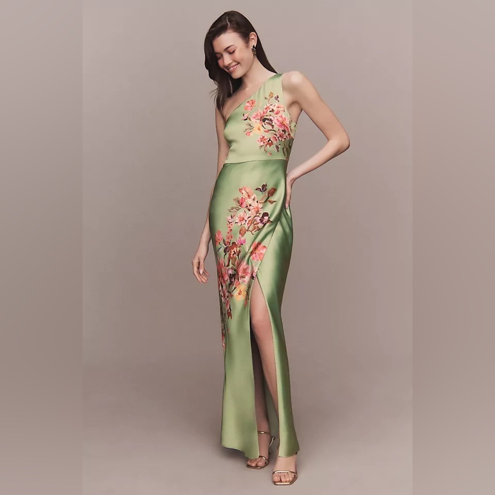 BHLDN One-Shoulder Green Floral Dress